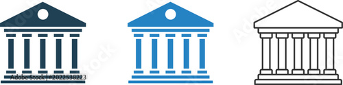 Canvastavla Bank building icon set featuring classical pillars and triangular roof in solid blue and outline styles, Government courthouse icon set