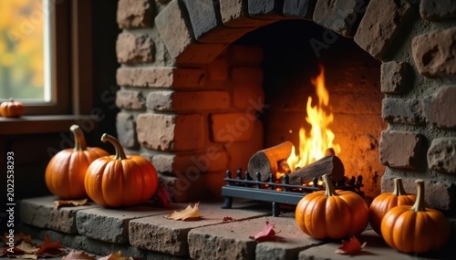 Rustic fireplace, pumpkins, warm lighting, autumn leaves, home decor, Thanksgiving, fireplace