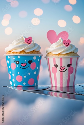 Two cute cupcake cups with hearts on tray against bokeh backdrop festive dessert