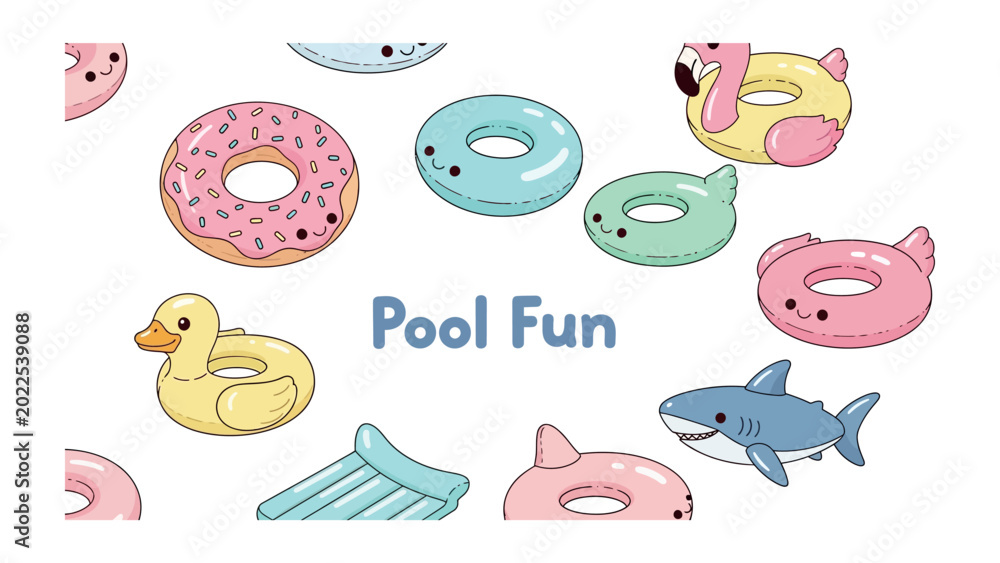 Fototapeta premium Pool Fun Accessories: An array of adorable, colorful inflatable pool floats, including a doughnut, flamingo, shark, duck, and more, playfully arranged to evoke summer joy and relaxation.