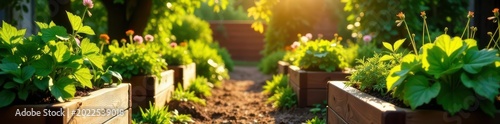 Sun-drenched community garden, wooden raised beds , wood, environment