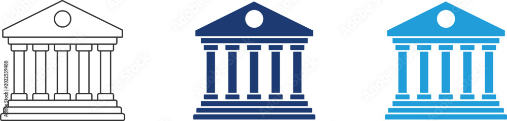 Fototapeta premium Bank building icons set. Showcasing financial institutions, government offices, court buildings and classical architecture symbols.