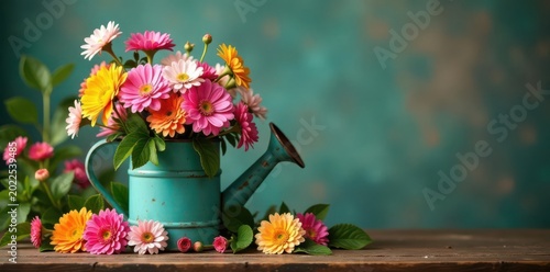 Vibrant flowers overflowing from vintage watering can , design, texture, metal