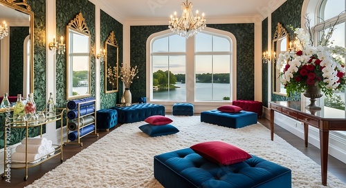 Opulent room with plush blue seating, plush rug, and large window overlooking lake
