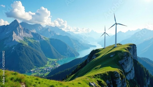 Wind turbines atop a mountain ridge, majestic scene , viewpoint, high altitude