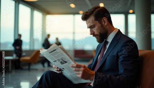 Well-dressed individual absorbs information from newspaper in airport lounge, world, waiting, style