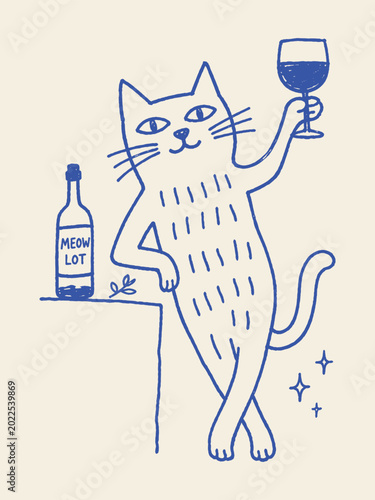 Cat Holding Wine Glass Naive Blue Sketch Vector