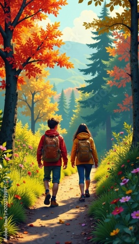 Youthful hikers explore rural path, vibrant foliage, backpacks, explore, backpack, healthy