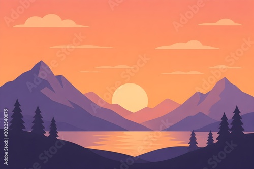 Minimal Mountain Lake Sunset Landscape Vector
