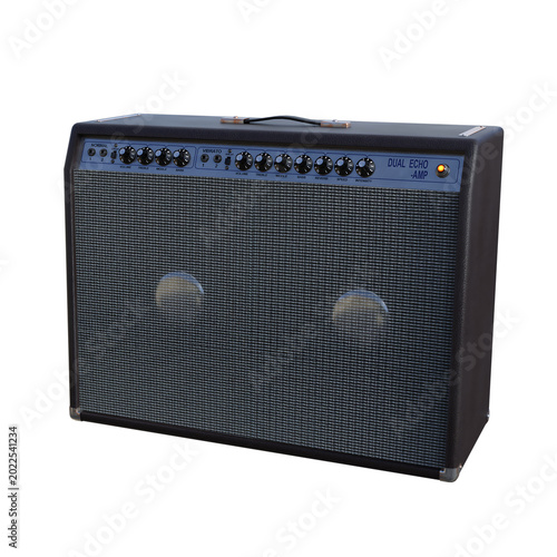 Black guitar amplifier with blue panel and dual speakers on white background