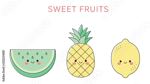 Fotografía Sweet Fruits Delight: An adorable illustration showcases a trio of charming fruits, each with its own unique personality and delightful expression