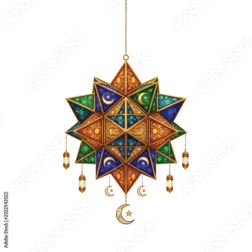 Colorful Star Shaped Ornament with Crescent Moon.