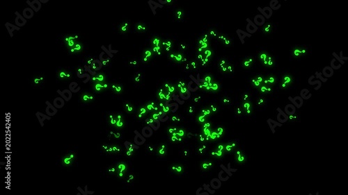 Green neon question marks drifting across black background, futuristic inquiry visuals with seamless motion loops for mystery and technology themed videos