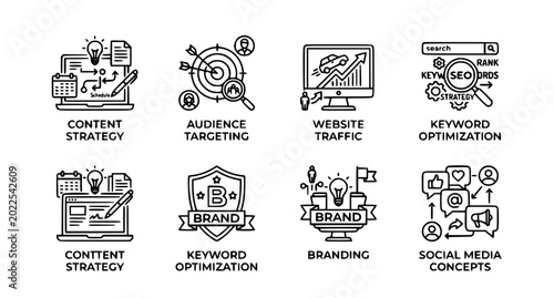 Modern digital business icon pack with SEO and website traffic symbols