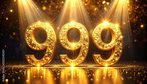 Golden glittering numbers 999 illuminated by spotlights on a sparkling stage.
