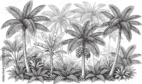 Tropical palm trees and exotic flora landscape, vintage hand-drawn vector engraving of coastal island vegetation and jungle plants.