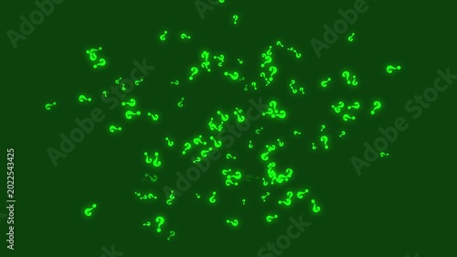 Green neon question marks drifting across dark background, futuristic inquiry visuals with seamless motion loops for mystery and technology themed videos