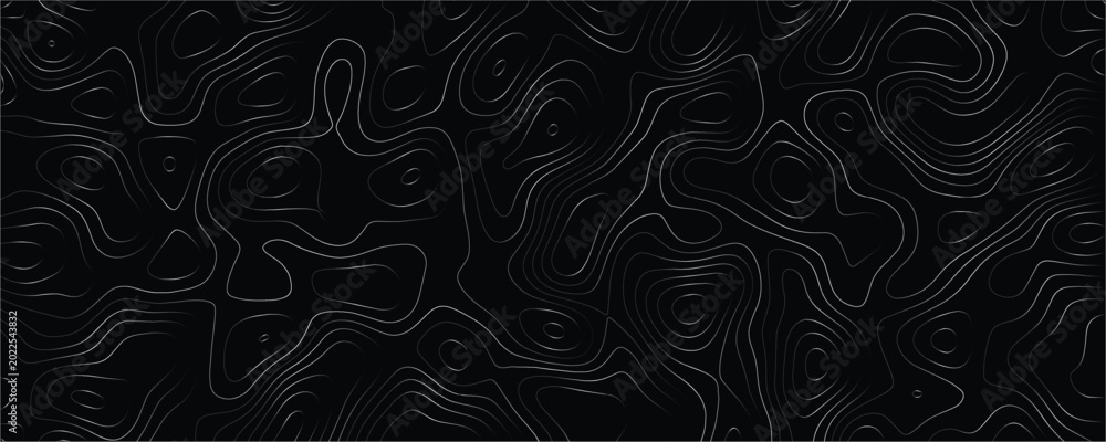 Fototapeta premium Topographic map contour lines pattern with thin grey strokes on a solid black background representing geographical elevation data in a minimalist style 1