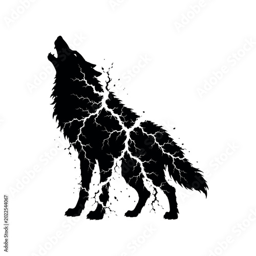 Black silhouette of a howling wolf with internal lightning bolt crack patterns on a white background