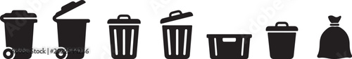 Fotografía Trash Bin Waste Management Icon Set Garbage Recycling Cleanup Silhouette Vector