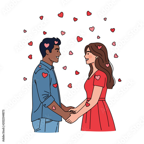 Couple Holding Hands with Hearts Around.