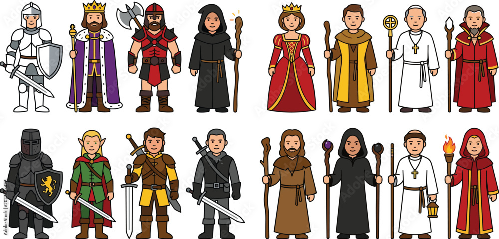Ταπετσαρία Medieval and Fantasy Character Vector Set with Knights, Kings, Queens, Warriors, Wizards, Priests, Elves, and Rogues for Role-Playing, Storytelling, Game, and Illustration Designs