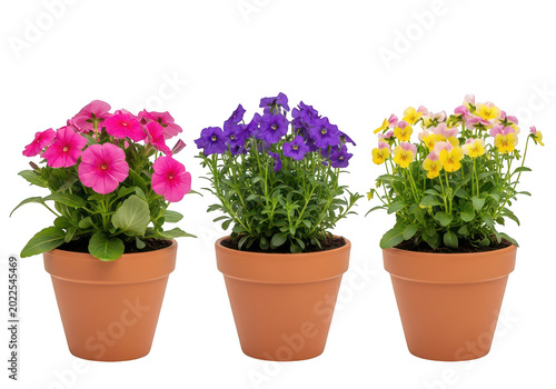 Three vibrant potted flowers in full bloom PNG isolated on transparent background