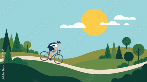Quadro su tela A lone cyclist enjoys a scenic ride through rolling green hills under a bright s