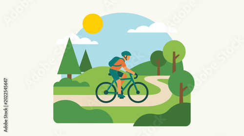 Foto A vibrant flat illustration capturing a solo cyclist enjoying an invigorating ri