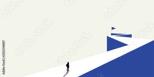 Obraz na plátně A minimalist illustration of a person walking up a winding white path towards a blue structure with a flag at the summit, symbolizing ambition and the journey to success