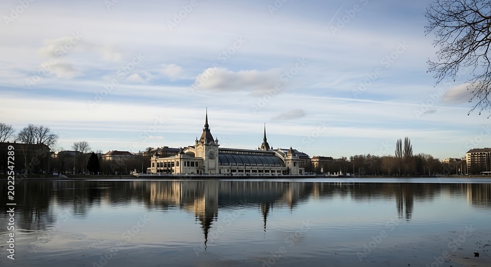 Obraz premium Ornate building reflected in calm lake, bare trees, winter sky