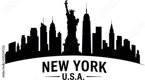 New york city skyline silhouette with statue of liberty icon for travel and tourism design projects