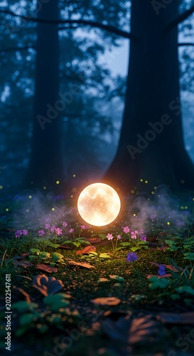 Illuminated orb floats in a foggy forest glade surrounded by flowers. Tall trees flank the mystical, glowing sphere