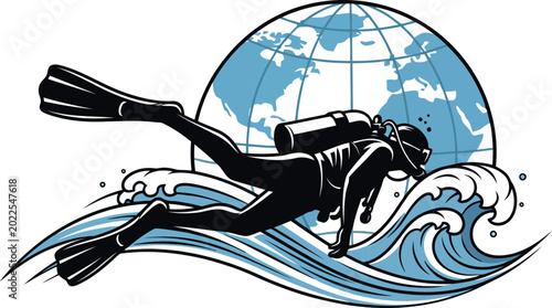 Scuba diver swimming on wave in front of globe