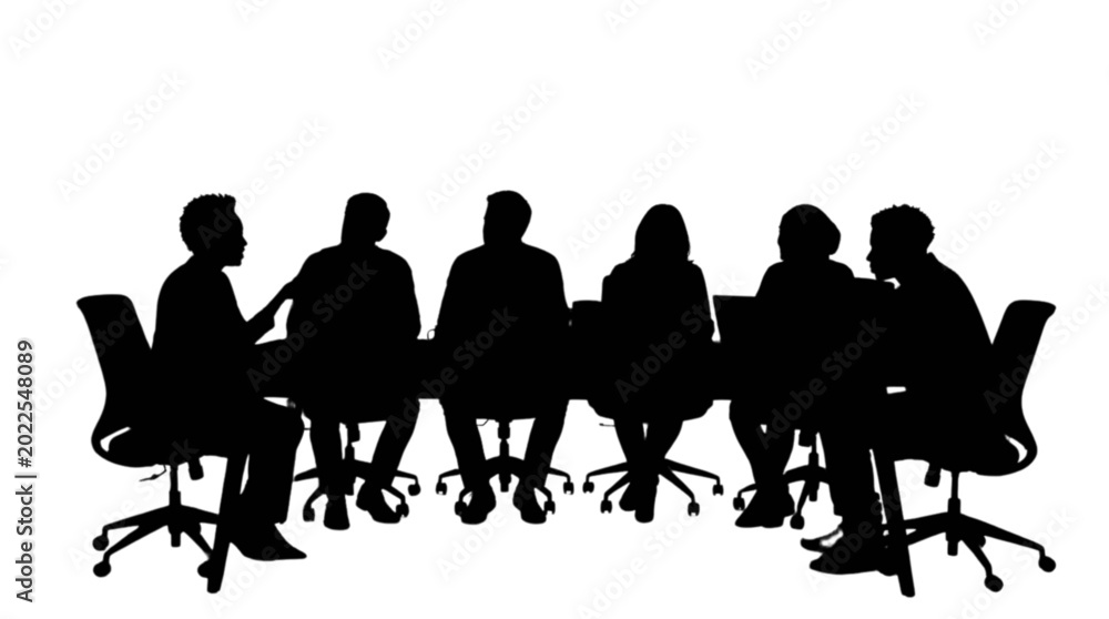 Fototapeta premium Silhouette of people meeting around a table isolated on transparent background, Vector