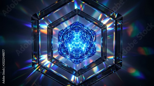 Blue Crystal Inside Hexagonal Prism with Colorful Light Refractions