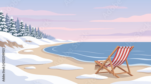 Konstfotografi Beach chair on winter shoreline scenic illustration