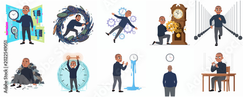 Photos Vector illustration set of a man experiencing various time management concepts a