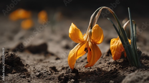 A wilting orange flower with drooping petals in dry soil
