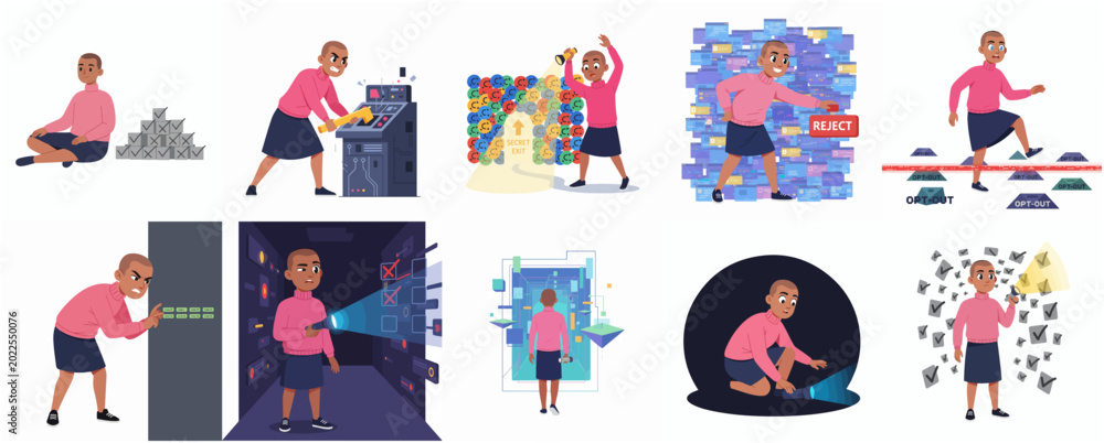 Fototapeta premium Cartoon character woman navigating complex data privacy settings digital tracking and user consent systems