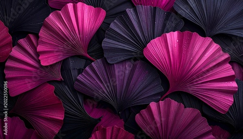 A stylish macro floral-leaf wallpaper featuring large fan-shaped leaves in magenta