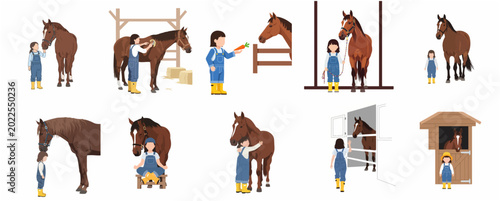 Fotografie Set of vector illustrations featuring a young girl caring for, grooming, and int
