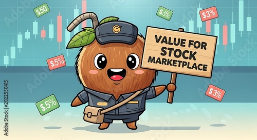 A smiling anthropomorphic coconut, dressed as a mail carrier, holds a sign promoting stock marketplace value, with floating stock percentages