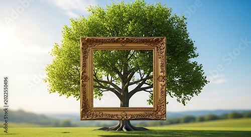 Ornate golden frame highlights a majestic, vibrant tree in a lush green meadow