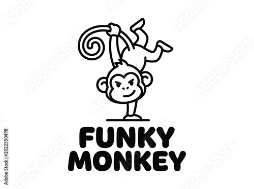 Photography Funky Monkey logo design, playful chimpanzee mascot doing a handstand, minimalis