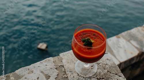 Glass of vibrant red soup garnished with herbs, overlooking a tranquil blue sea