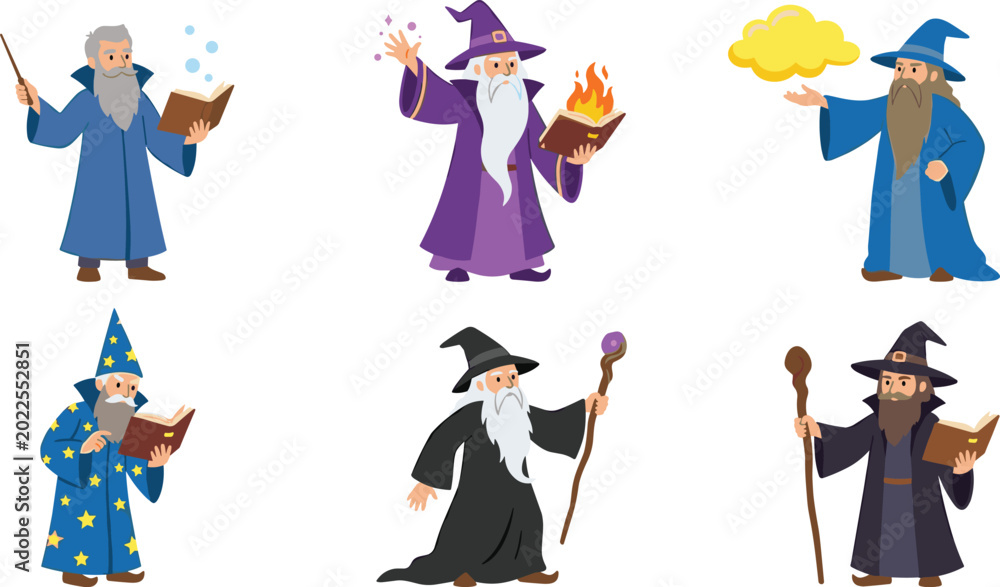 Obraz premium Wizard Character Collection with Wands Magic Staffs Casting Spells and Holding Books for Fantasy, Magic, Storytelling, Children, Gaming, and Cartoon Vector Designs.