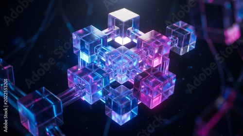 Interconnected Glowing Translucent Cubes in a Digital Network