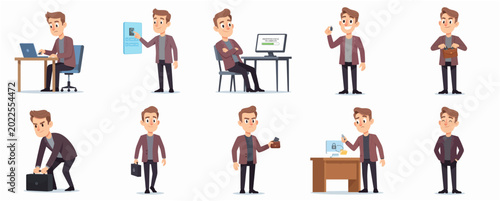 Set of businessman character illustrations focusing on cyber security, data encryption, and information technology concepts.