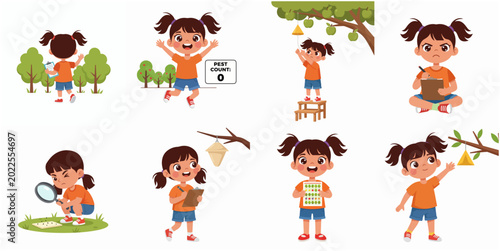 Collection of a young girl scientist exploring nature and monitoring garden pests in an orchard